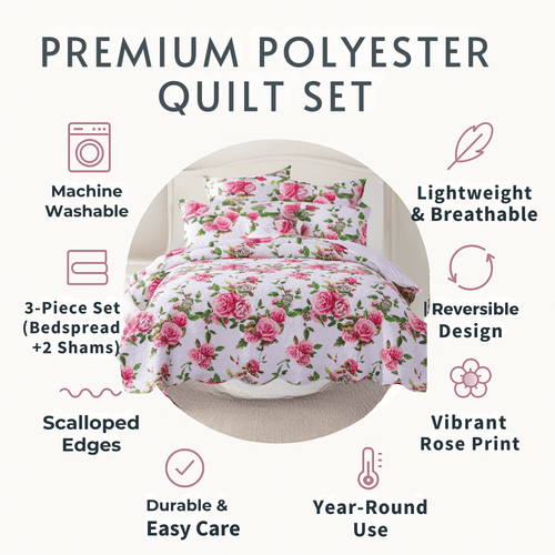 DaDa Bedding Romantic Roses Lovely Spring Pink Floral Quilted Scalloped Bedspread Set (JHW879)